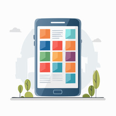 Smartphone app displaying colorful content with city background