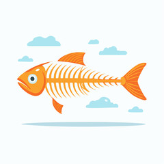 Cartoon fish skeleton floating against a blue sky and white background