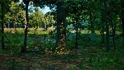 Sunlight filters through the lush green trees of a peaceful forest, reflecting on a calm lake. Leaves rustle gently, creating a soft, soothing atmosphere in nature.