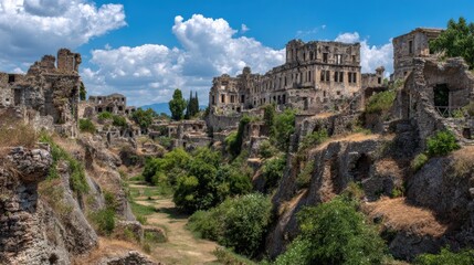 Ancient stone walls stand partly collapsed among greenery under a bright sky, revealing a rich history and natural landscape in daylight.