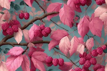 Elegant raspberry vine pattern with intricate leaves and berries watercolor texture soft pinks and greens romantic botanical design seamless pattern background