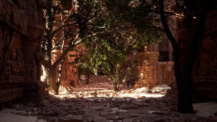 Sunlight filters through the lush trees, casting shadows on the weathered stone structure. Nature and history intertwine in this tranquil setting of profound beauty and mystery.