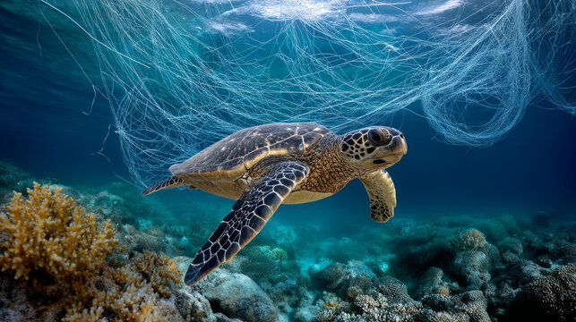 Plastic pollution in the ocean is an environmental problem. Sea Turtle trapped on a loose fishing net A global problem, threatening ocean wildlife 