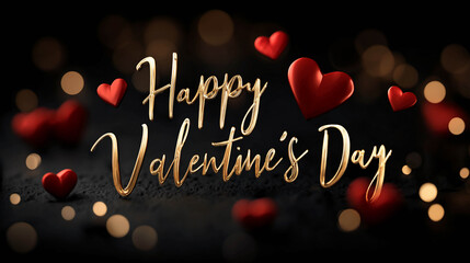 A festive Valentine's Day card with a golden "Happy Valentine's Day" inscription and red 3D hearts.