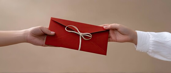 Hand gives red envelope to woman for Valentine's Day against a colored background in a high-resolution setting with space for text or graphics