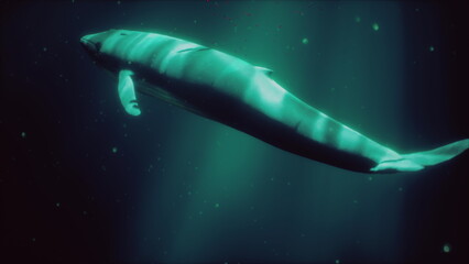 Fototapeta premium A massive whale glides through the dark, serene waters. Rays of light penetrate the ocean surface, illuminating its powerful form. The scene captures the beauty of marine life at dusk.