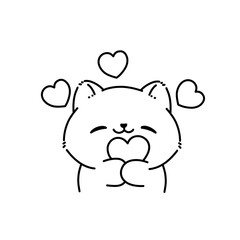 Smiling cat hugging a heart in simple line art style.