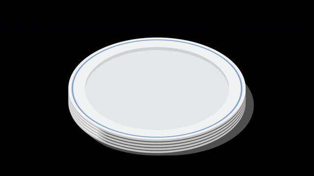 Isometric plates animation. Empty plates. Isometric cutlery. Isometric tableware. Transparent background with alpha channel