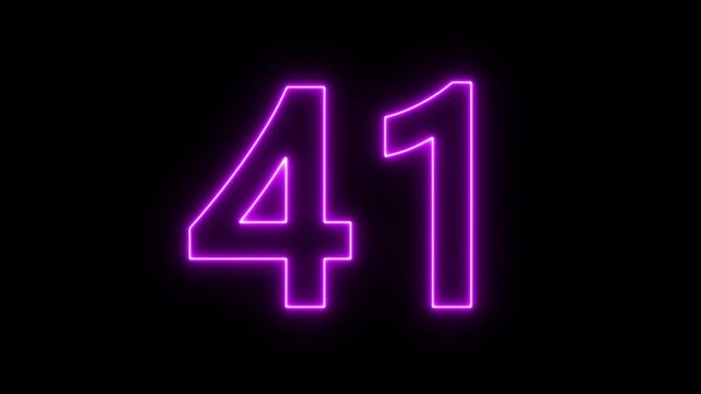 glowing neon text 41 number countdown icon. flickering neon number 41 on black background.