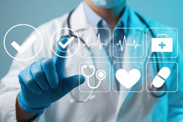 A doctor in a white coat and blue gloves interacting with a digital interface of medical icons