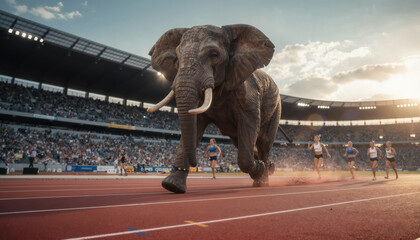 Large elephant competes on an athletics track at the Olympics