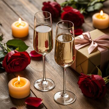 Romantic Champagne Toast with Gift. Two
champagne glasses, candles, roses and a wrapped gift 