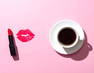 Top view coffee cup with red lipstick and lip print mark on pastel pink background, morning kiss creative concept