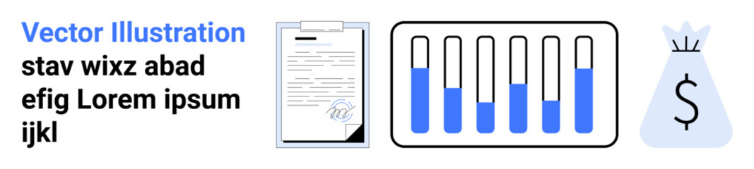 Test tubes filled with blue liquid, signed document, and dollar-marked money bag. Ideal for science, research, funding, budgeting, financial planning, laboratory work and simple landing page