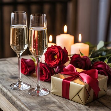 Romantic Champagne Toast with Gift. Two
champagne glasses, candles, roses and a wrapped gift 