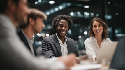 An international team around a modern glass table with laptops and notepads, animated discussion and shared documents showing collaboration during a strategic business meeting at a bright office.