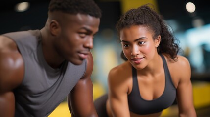 A personal trainer conducting a strength training session in a gym, motivating clients with personalized attention and encouragement while surrounded by workout equipment and fitness goals.