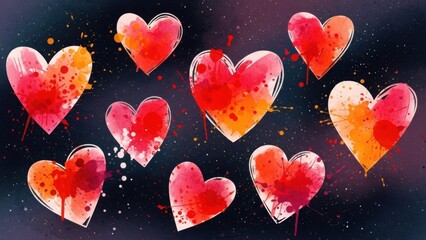 Vibrant red and orange hearts with paint splatters on dark background