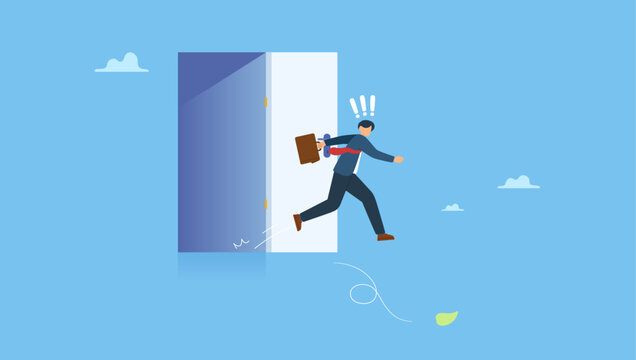 Dumb thoughtless businessman jump from a dead end killing himself. Business dumb, mistake, silly or self sabotage idea, bad decision in risky situation causing business failure.