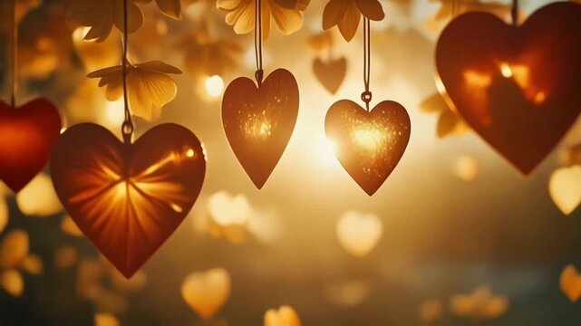 Golden heart ornaments glowing softly against a warm blurred background, creating a luxurious Valentine decoration scene.