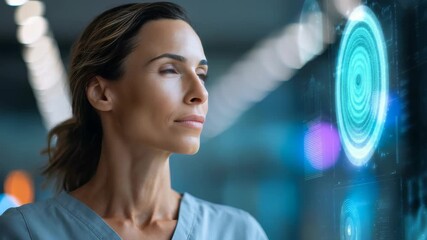 Confident female doctor in futuristic medical uniform looks thoughtfully at a digital holographic interface with advanced data visualization. Modern healthcare technology inspires innovation - Powered by Adobe
