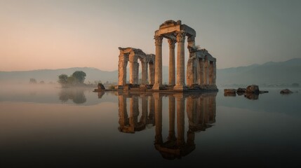 Ancient temple ruins beside a misty lake crumbling columns mirrored perfectly in the water beautiful and haunting golden hour glow