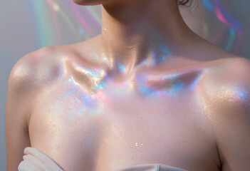woman chest shining with a multicolor light shade