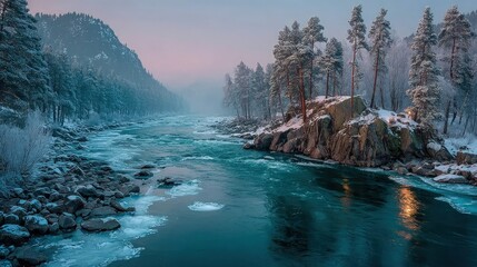A frozen river in winter scenic landscape with snow-laden trees and soft blue twilight glow