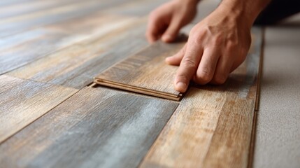 Hands Installing Laminate Wooden Floor Planks Click System Home Renovation Interior Improvement