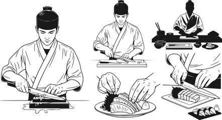 Sushi Chef Preparing Sashimi Silhouette Knife Japanese Sushi Master Culinary Itamae Chef Black Vector Isolated White Background Professional Expertise Japanese Cuisine Artisan