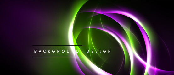 Abstract neon swirls, vibrant purple, green hues. Dark background emphasizes glowing circular design elements. Modern, dynamic visual.