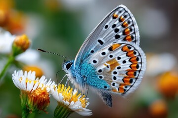 Obraz premium Butterfly with blue and orange wings on white flower