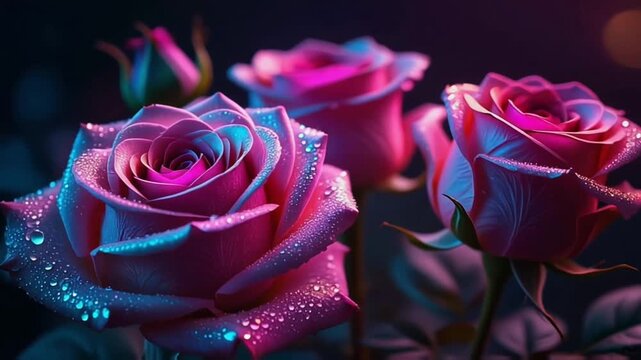 Close-up of vibrant pink and purple roses with soft glowing light and dark blurred background, creating a luxurious romantic Valentine floral atmosphere.

