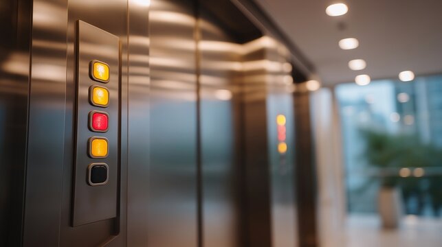 Close-up of a malfunctioning elevator panel, unresponsive buttons and warning lights expressing breakdown, reliability issues, and the need for repair in public buildings. cinematic color