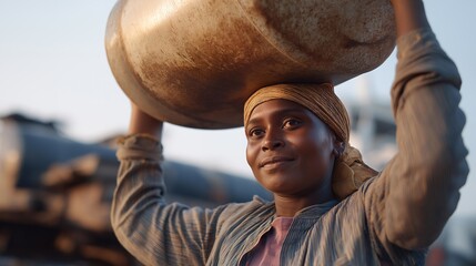 Worker transporting a natural gas or LPG gas tank, careful handling representing fuel logistics, distribution networks, and safety awareness. cinematic color correction, natural uneven lighting yet