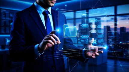 Digital Folder Data Management System Businessman Cloud Storage Computing Banner