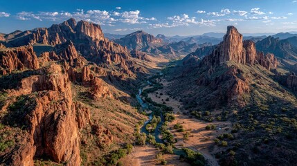 Aerial drone shot of a canyon at sunset deep red rock formations creating a scenic desert landscape