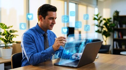 Businessman analyzing social media engagement metrics on holographic laptop screen