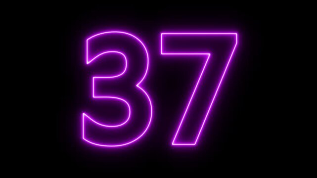 glowing neon text 37 number countdown icon. flickering neon number 37 on black background.