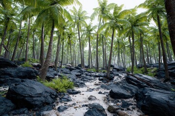 Green Trees Grow on Sandy Ground with Volcanic Rocks on a Sunny Day in a Mysterious Ambience