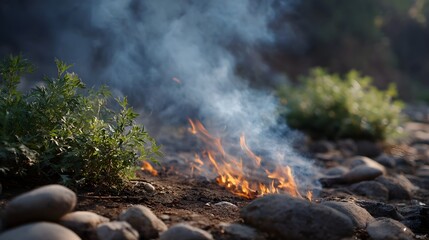 Obraz premium Soft sunlight illuminates a gentle outdoor fire with wisps of smoke rising beside green foliage and weathered river stones