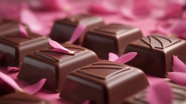 Chocolate squares wrapped with ribbon and rose petals, creating a refined romantic Valentine dessert composition.