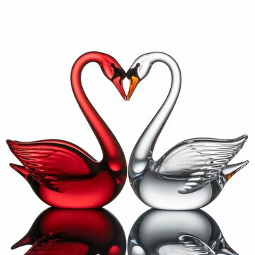 Two abstract swan figures made of red and clear hand-blown glass, touching beaks to form a heart shape