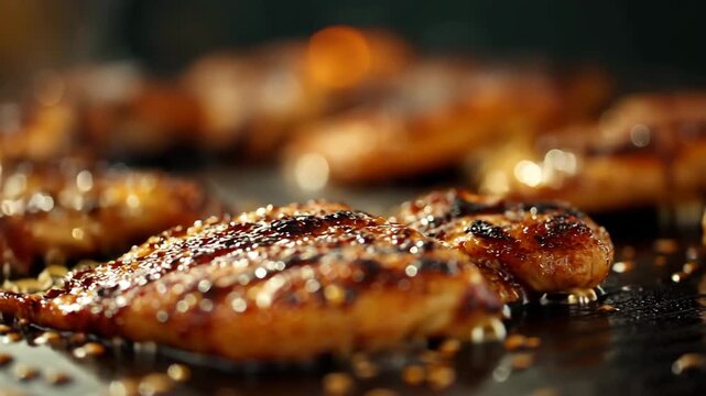 Grilled chicken breast and pieces with sesame seeds cooking barbecue grill, showing juicy smoky meat with char marks and golden brown texture
