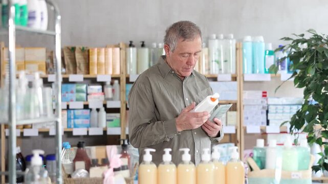 Elderly man chooses a medical cream with collagen in a pharmacy. Pensioner buys a moisturizing anti-aging skin cream. High quality 4k footage