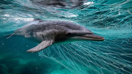 Dolphin caught in sea nets. Plastic pollution of the ocean is an environmental problem. A global problem, a threat to ocean wildlife and calling for urgent action to protect the environment.