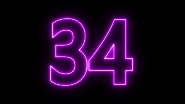 glowing neon text 34 number countdown icon. flickering neon number 34 on black background.