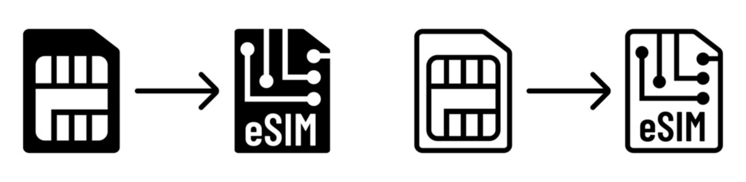 Physical sim card transition to embedded smartphone technology. Move to e-sim vector illustration. Set of icons