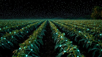 Field of crops under a dark sky with a network of glowing digital lines
