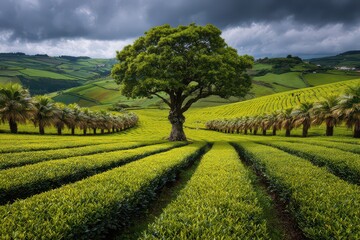 Fototapeta premium Lush Green Tea Plantation with a Solitary Tree Against a Cloudy Sky in Hilly Landscape Tranquil Scene with Sunlight and Shadow